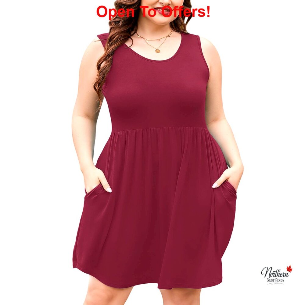 Rayon Spandex Sleeveless Crewneck Pleated Midi Dress with Pockets